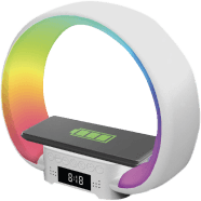 Multi-functional Smart G-Shape Table Lamp with RGB Light Bluetooth Speaker Wireless Charger and Alarm Clock